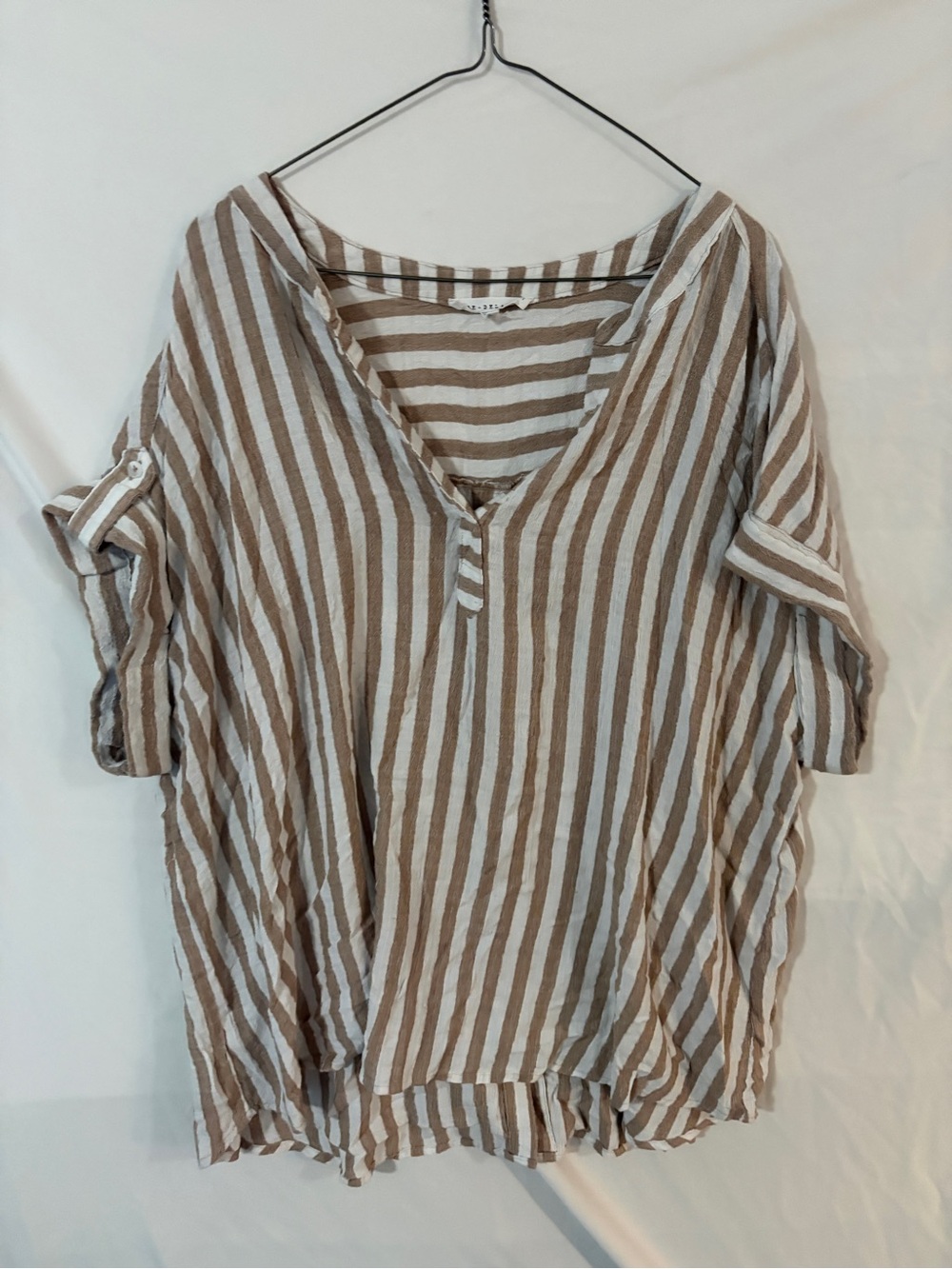 Jane and Delancey Taupe and White Striped V-Neck Tunic
